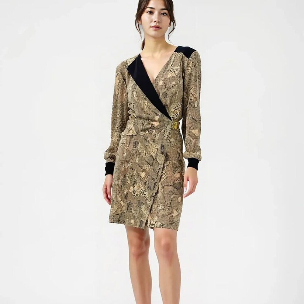 NWT Trina Turk Black Beige Tan Geometric Animal Silk Faux Wrap Sheath Dress 8